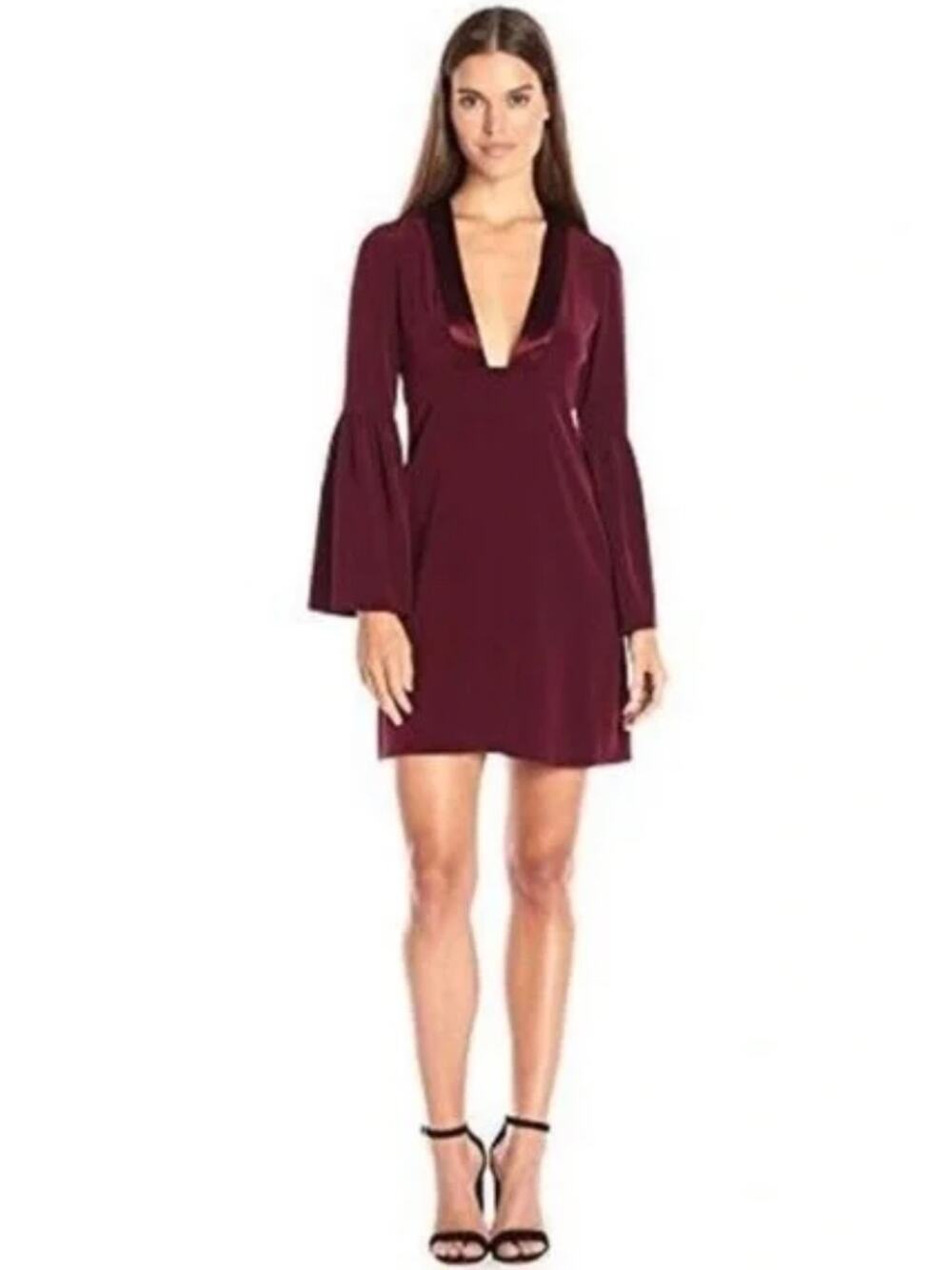 Jill Jill Stuart Womens 8 Burgundy Deep V Bell Sleeve Cocktail Mini Dress NEW